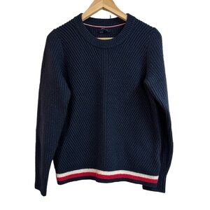 Tommy Hilfiger Women Medium Sweater Navy Textured Wool Blend Crewneck Ribbed Kni